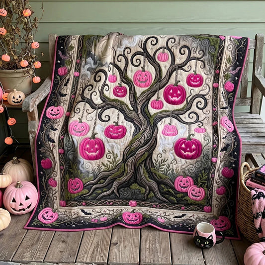 Pink Pumpkin Haunted Tree Quilt Blanket