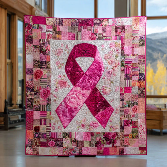 Pink Ribbon Bloom Quilt Blanket