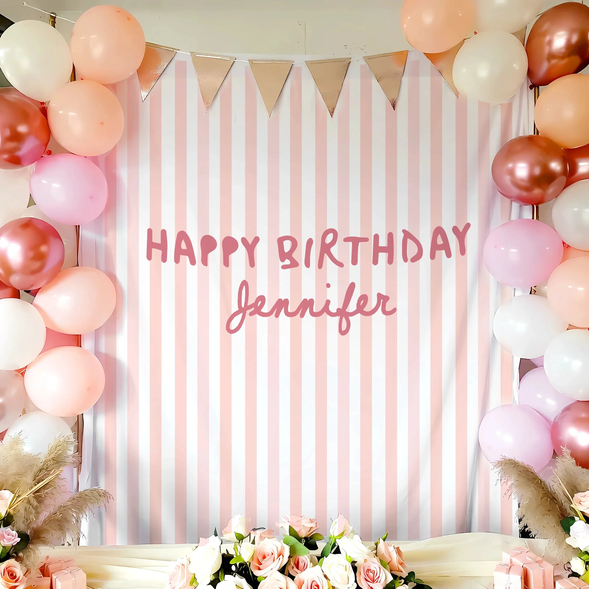 Pink Striped Birthday Tapestry Personalized Happy Birthday Banner Custom Name Party Backdrop, personalized birthday backdrop