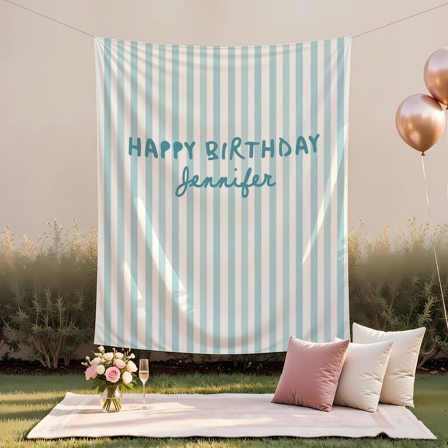 Pink Striped Birthday Tapestry Personalized Happy Birthday Banner Custom Name Party Backdrop, personalized birthday backdrop