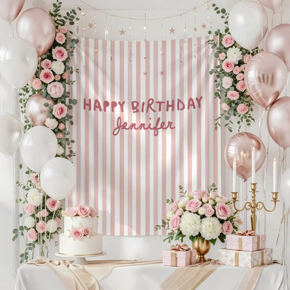 Pink Striped Birthday Tapestry Personalized Happy Birthday Banner Custom Name Party Backdrop, personalized birthday backdrop