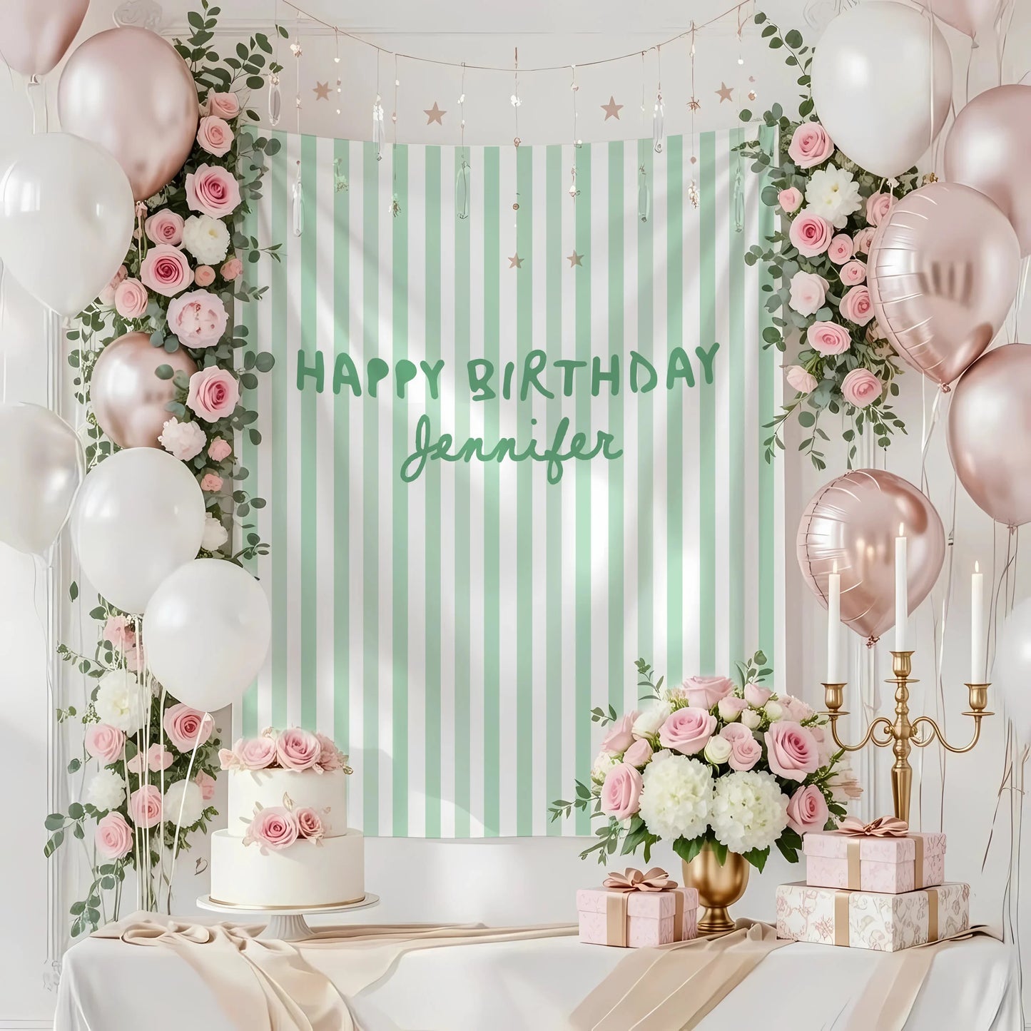 Pink Striped Birthday Tapestry Personalized Happy Birthday Banner Custom Name Party Backdrop, personalized birthday backdrop