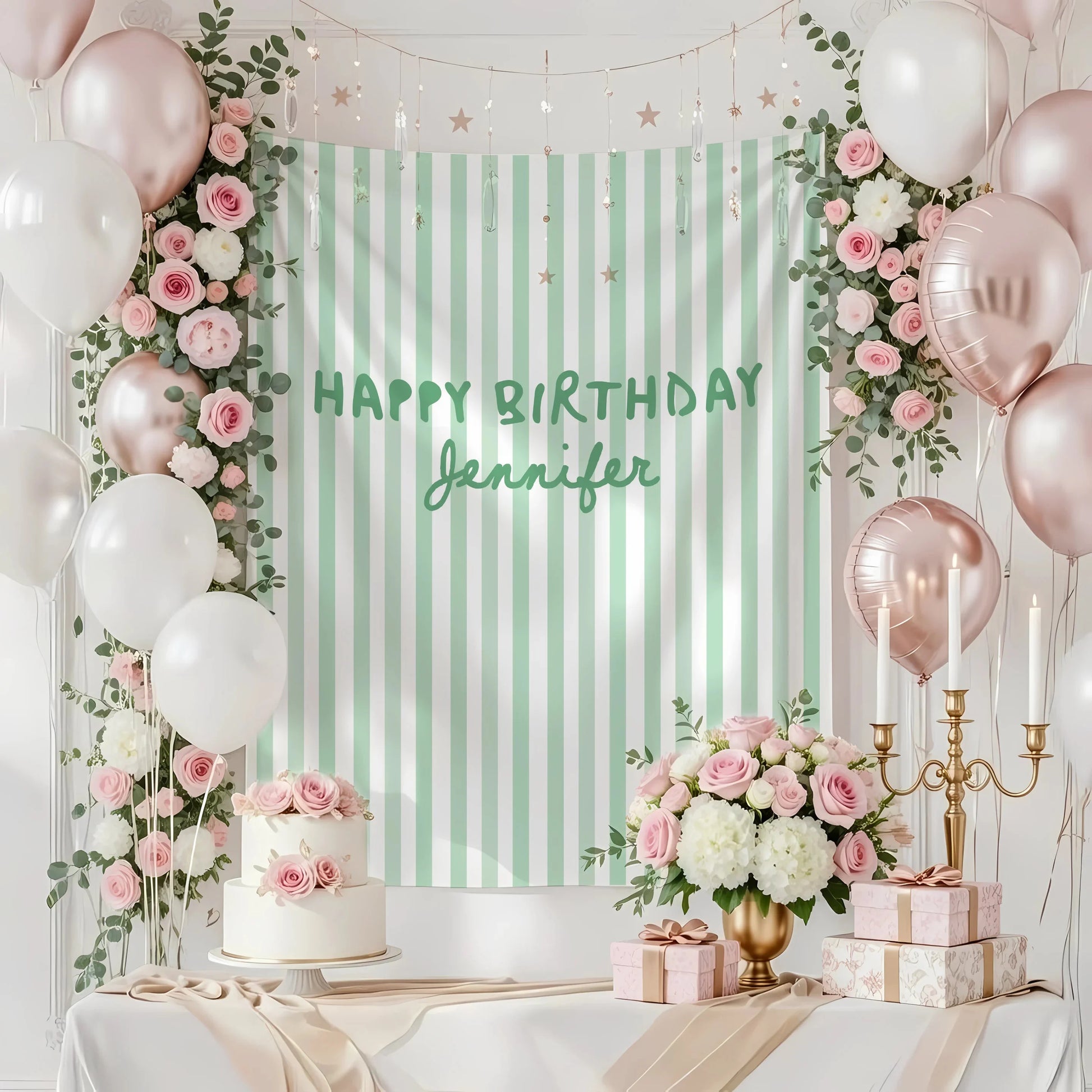 Pink Striped Birthday Tapestry Personalized Happy Birthday Banner Custom Name Party Backdrop, personalized birthday backdrop