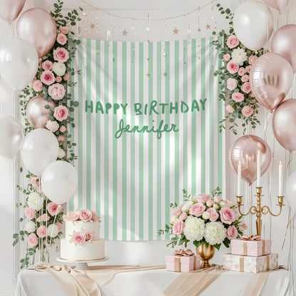 Pink Striped Birthday Tapestry Personalized Happy Birthday Banner Custom Name Party Backdrop, personalized birthday backdrop