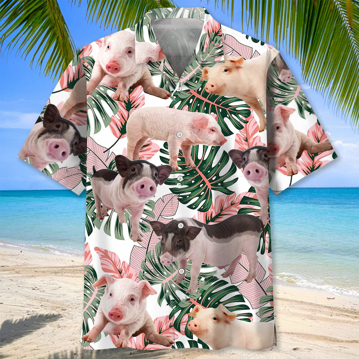 Pink Cute Tropical Pig Hawaiian Shirt, custom shirt gift for men