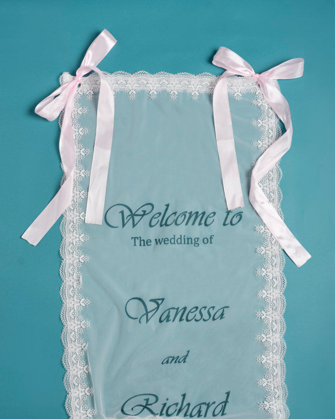 Elegant Personalized Wedding Welcome Banner with Lace Edging
