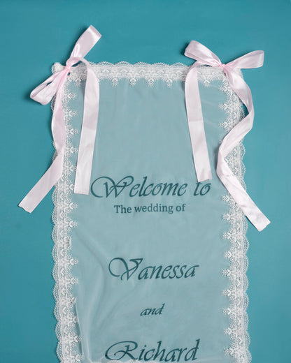 Elegant Personalized Wedding Welcome Banner with Lace Edging