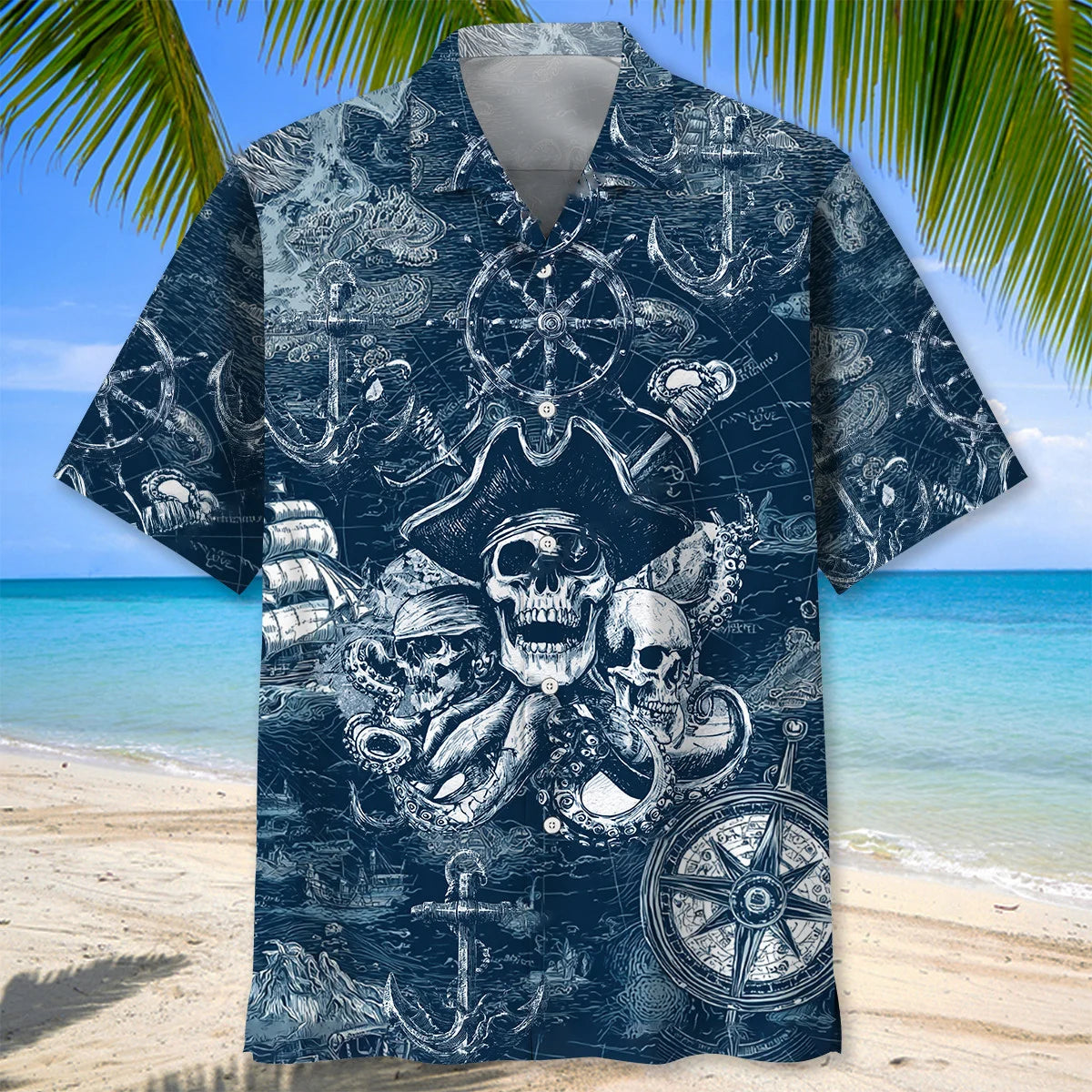 Pirate Map Vintage Blue Hawaiian Shirt, custom shirt gift for men (view 3)