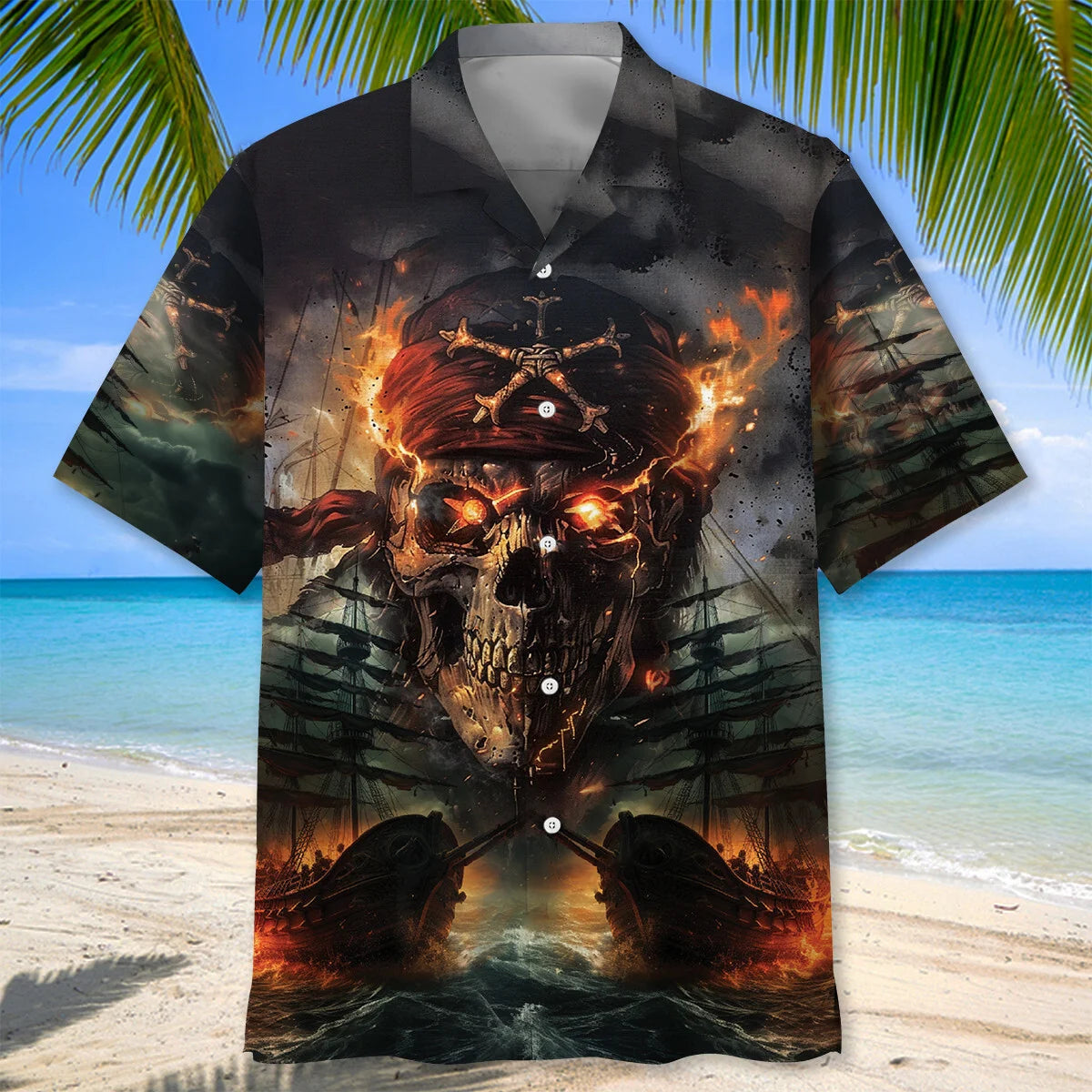 Pirate Skull Fire Hawaiian Shirt, custom shirt gift for men (view 2)