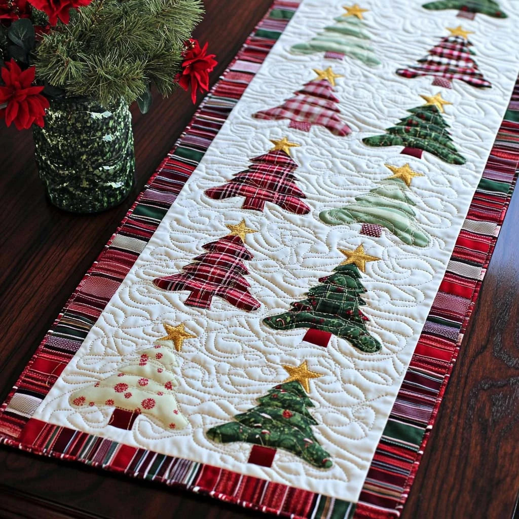 Plaid Christmas Trees Quilted Table Runner