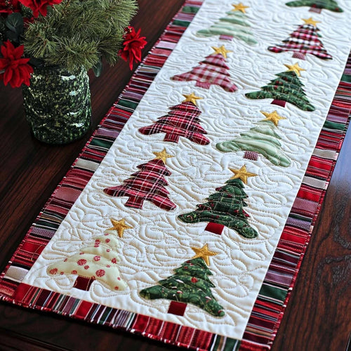 Plaid Christmas Trees Quilted Table Runner