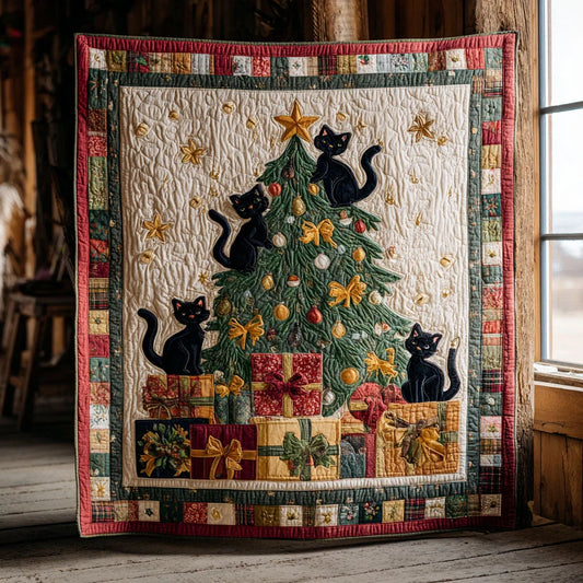 Playful Black Cat Christmas Quilt Blanket