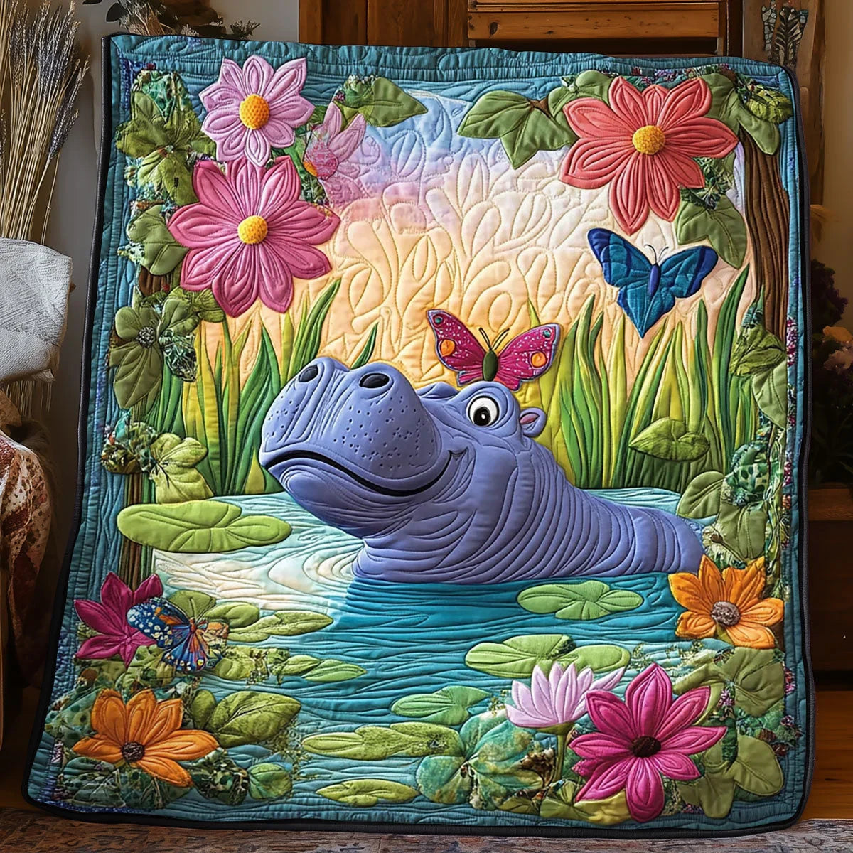 Playful Hippo Quilt Blanket