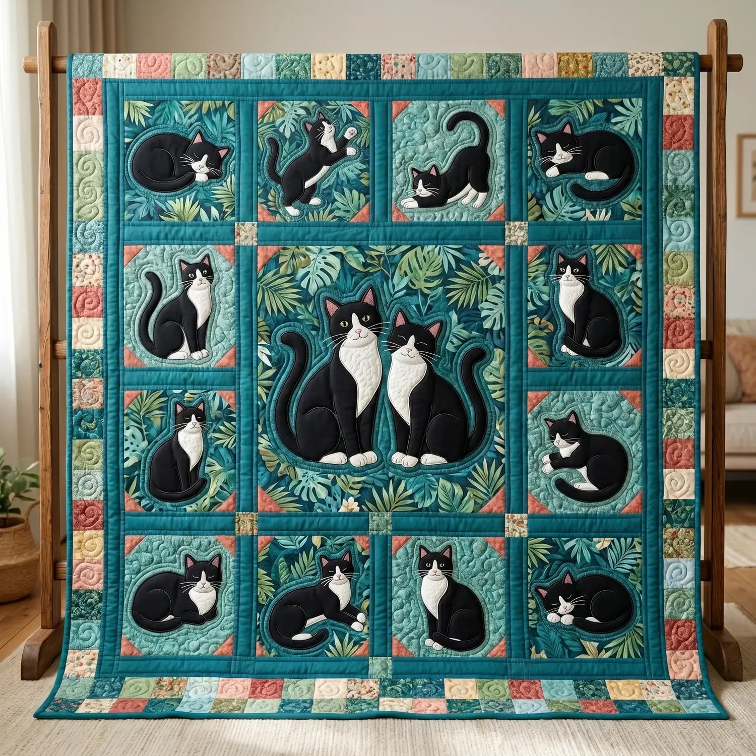 Playful Tuxedo Cat Quilt Blanket