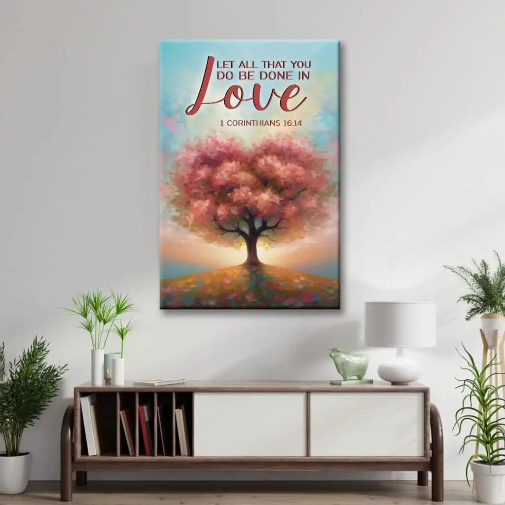 let all that you do be done in love heart shape tree wall art canvas (Landscape) (view 9)