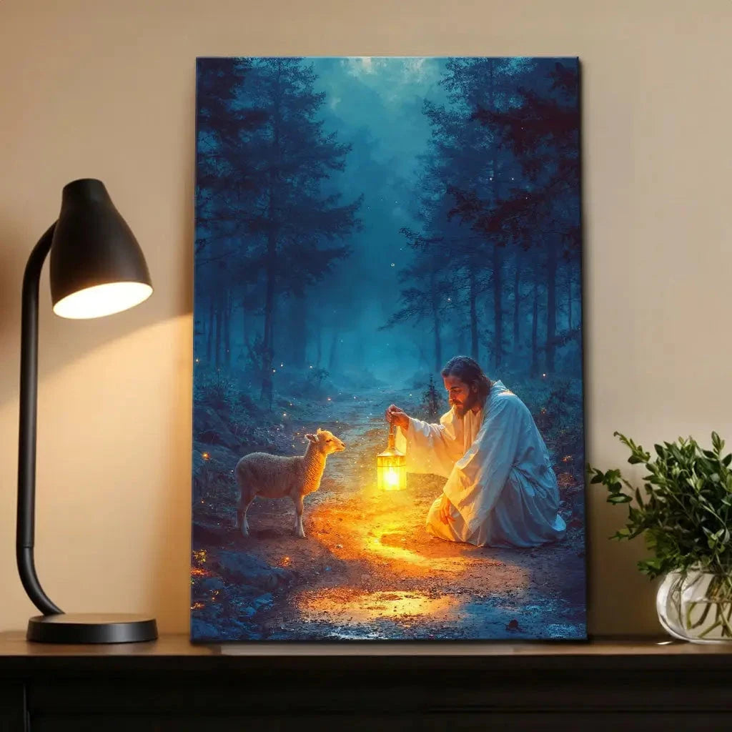 jesus rescues lamb at night wall art canvas (Landscape) (view 11)