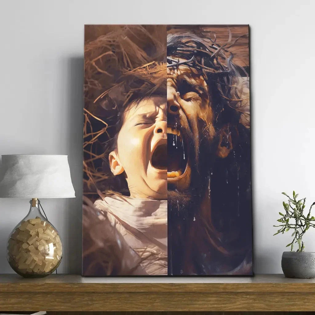 jesus as a baby and on the cross christian wall art canvas (Landscape) (view 10)