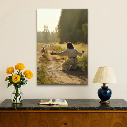 lamb runs to jesus wall art canvas (Landscape) (view 12)