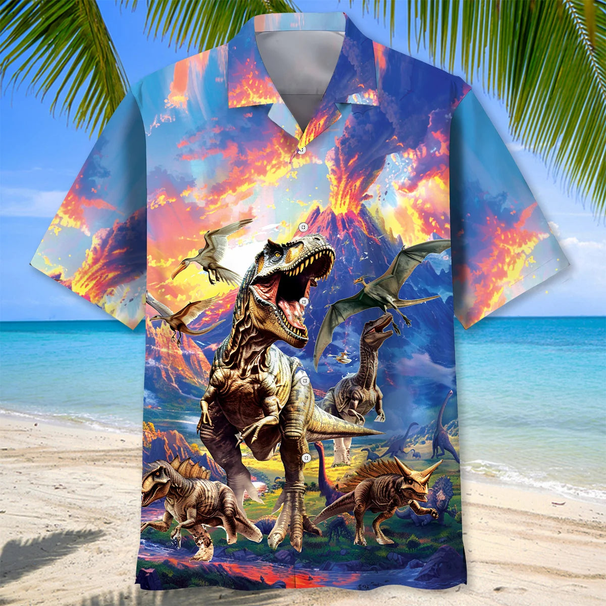 Prehistoric Dinosaur Volcano Hawaiian Shirt, custom shirt gift for men