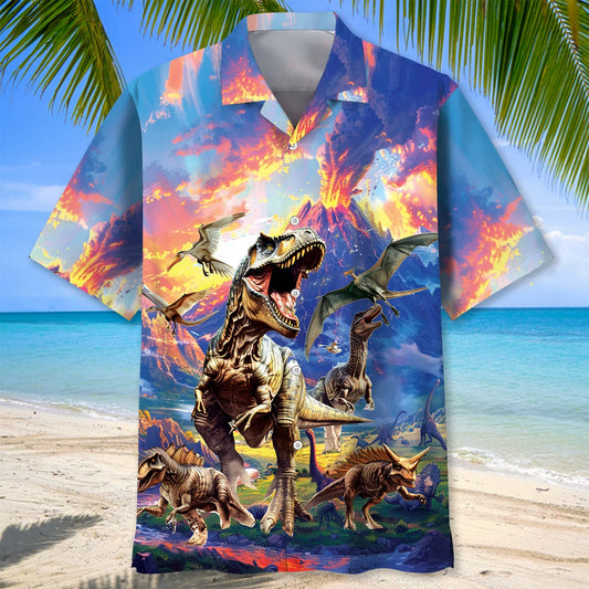 Prehistoric Dinosaur Volcano Hawaiian Shirt, custom shirt gift for men