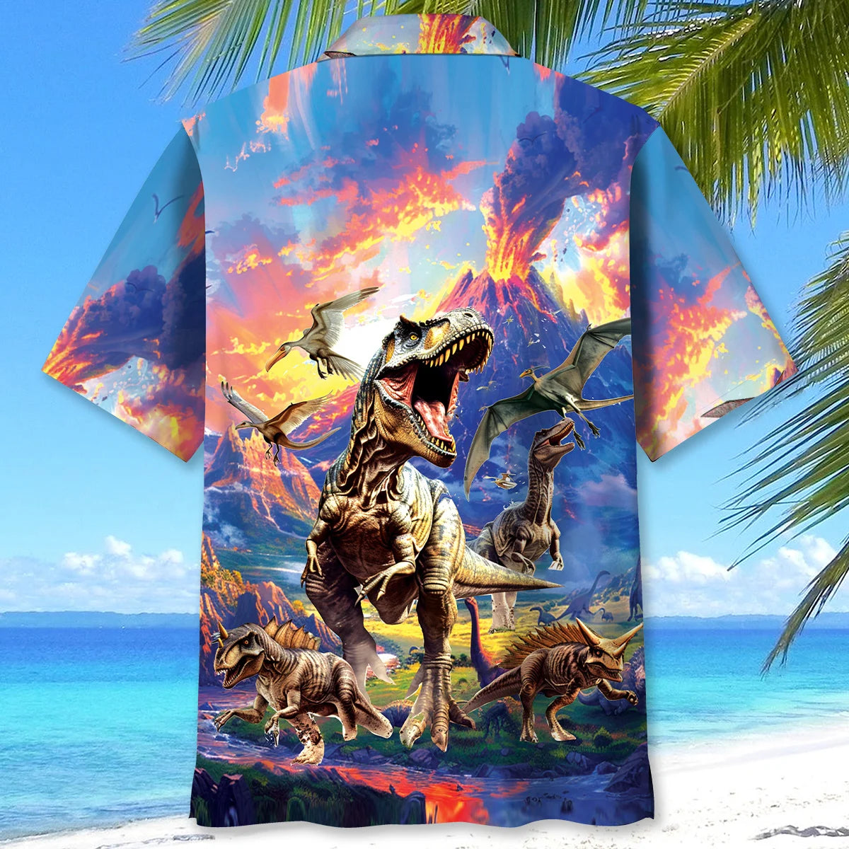 Prehistoric Dinosaur Volcano Hawaiian Shirt, custom shirt gift for men (view 3)