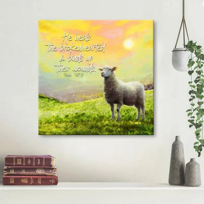 psalm 147 3 he heals the brokenhearted sheep christian wall art canvas (Landscape) (view 8)