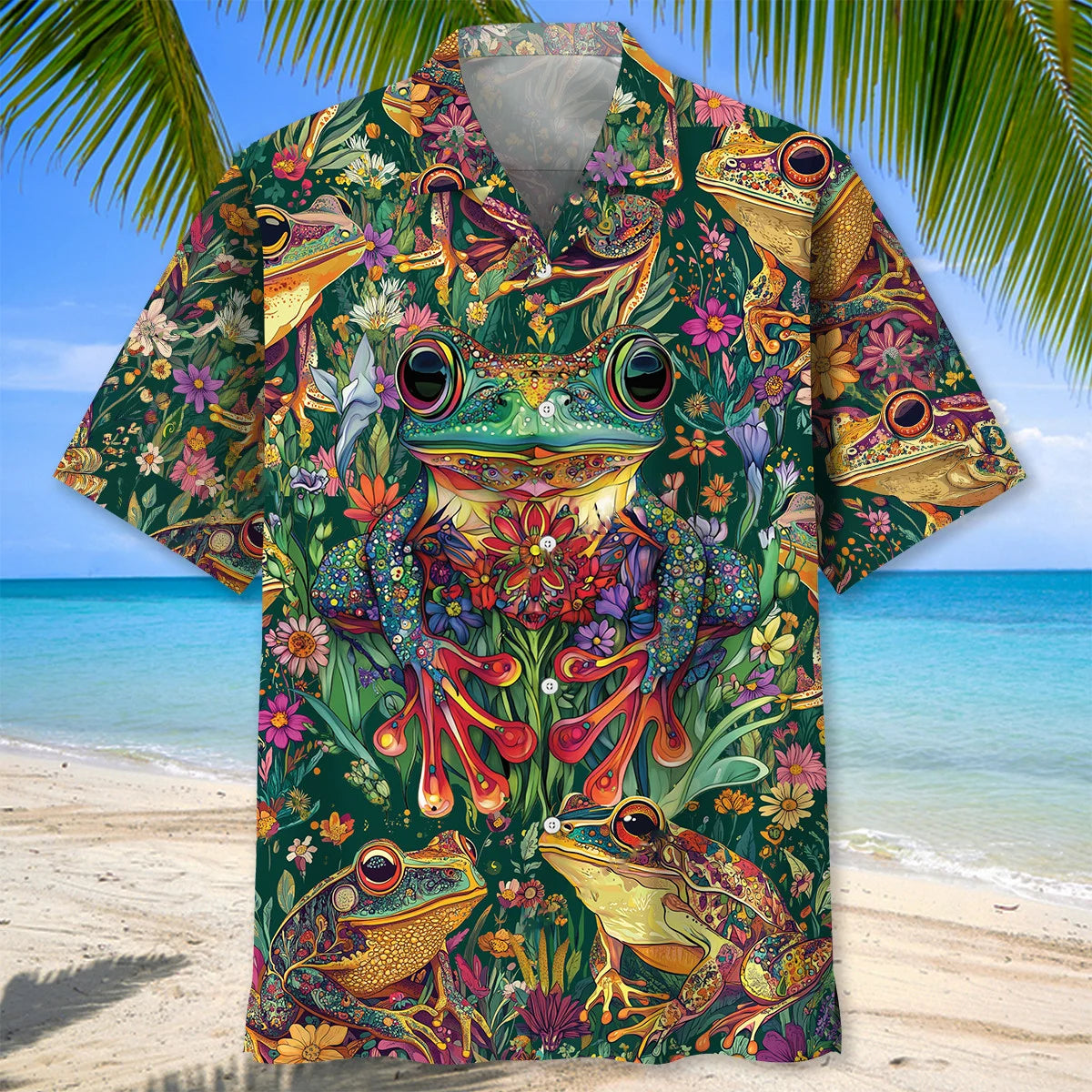 Psychedelic Frog Flowers Hawaiian Shirt, custom shirt gift for men (view 3)