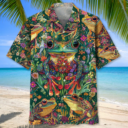 Psychedelic Frog Flowers Hawaiian Shirt, custom shirt gift for men (view 3)