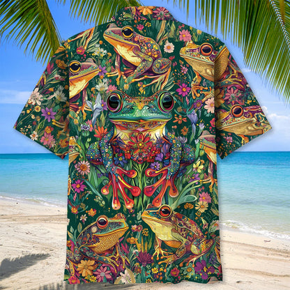 Psychedelic Frog Flowers Hawaiian Shirt, custom shirt gift for men (view 4)