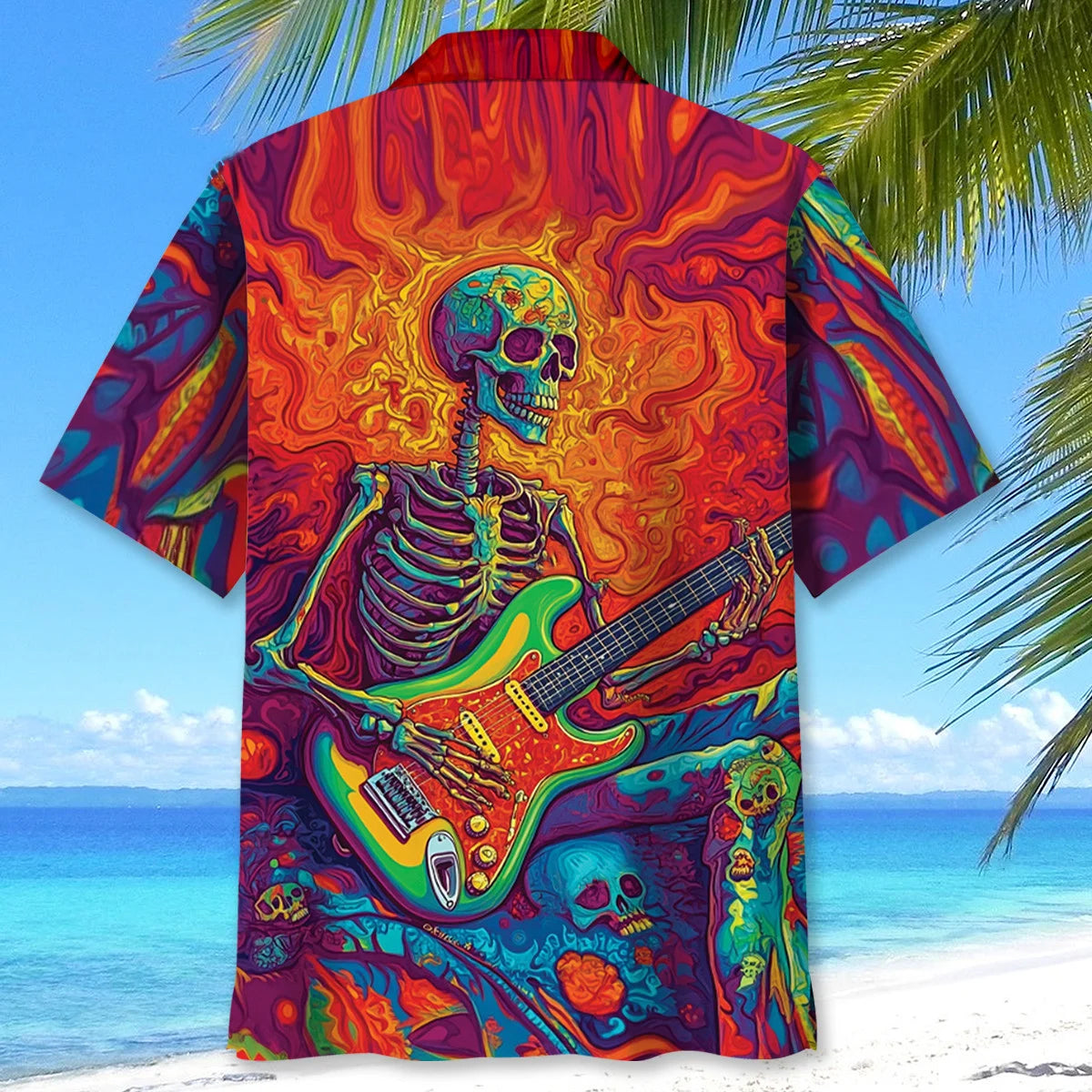 Psychedelic Skull Guitar Hawaiian Shirt, custom shirt gift for men (view 3)