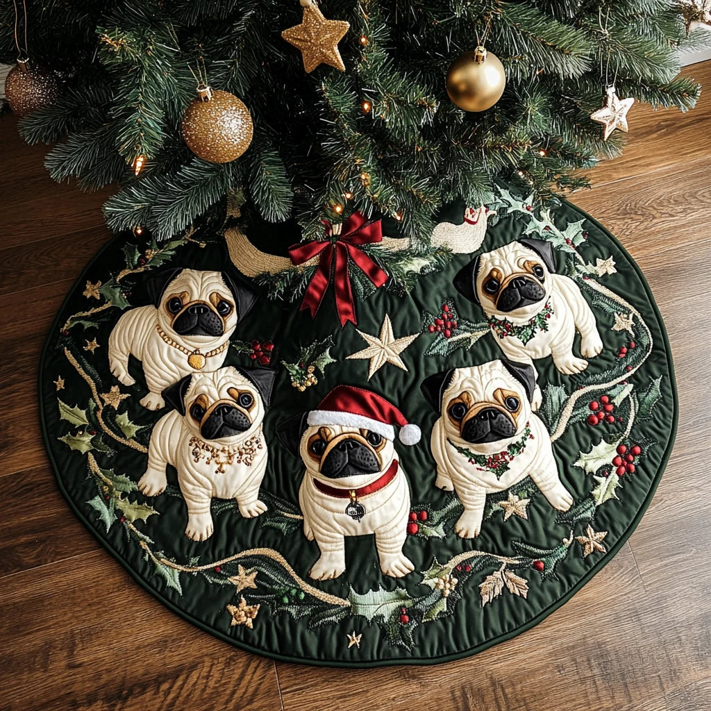 Pug Cheer Christmas Quilted Tree Skirt