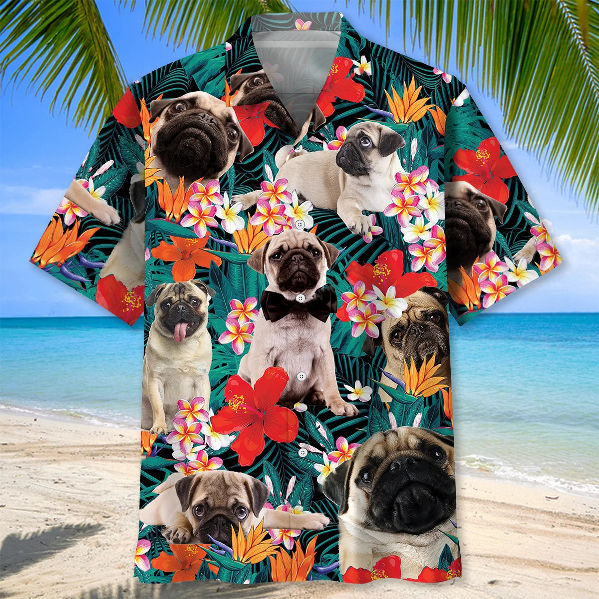Pug Floral Hawaiian Shirt, custom shirt gift for men (view 2)
