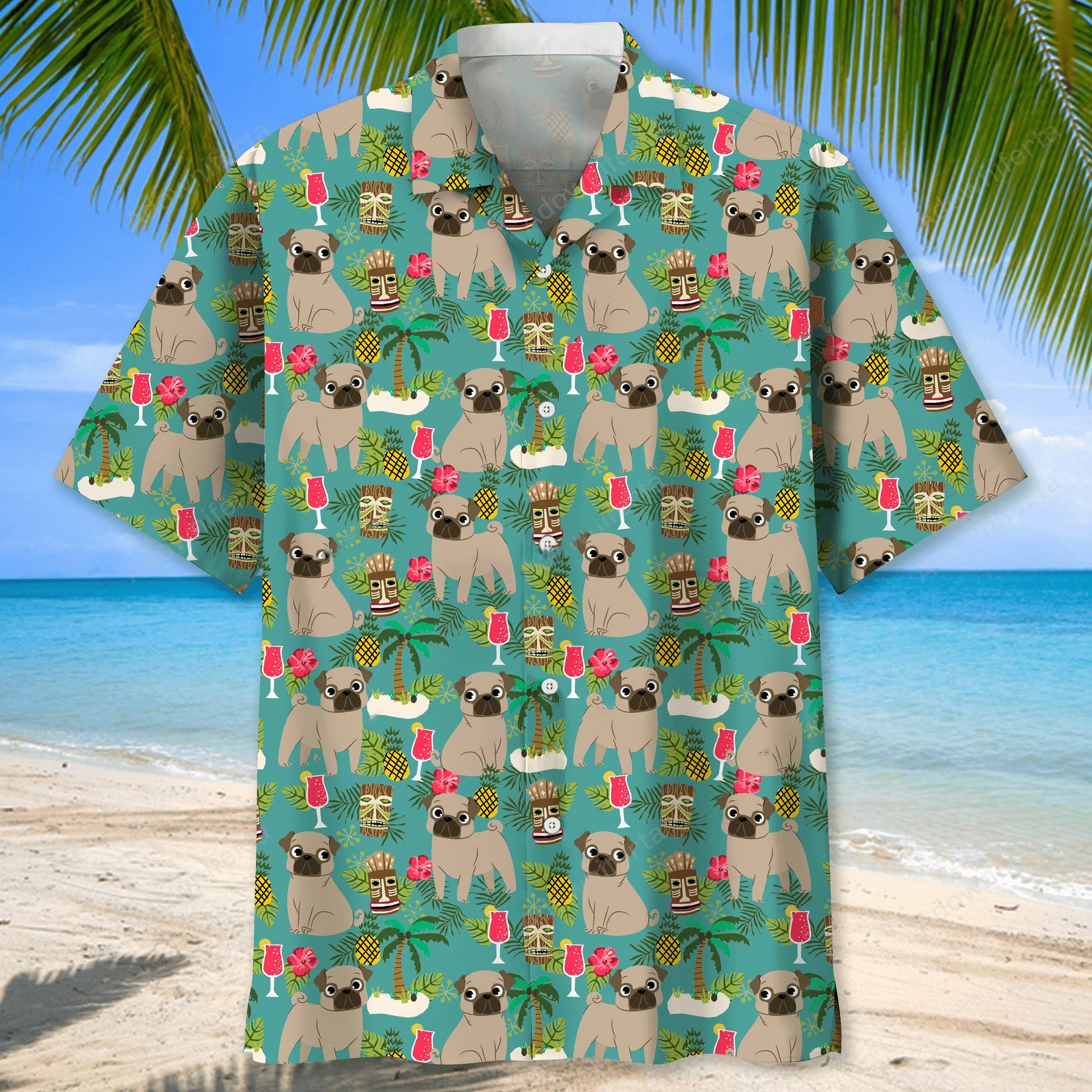 Pug Hawaiian Beach Hawaiian Shirt, custom shirt gift for men (view 2)