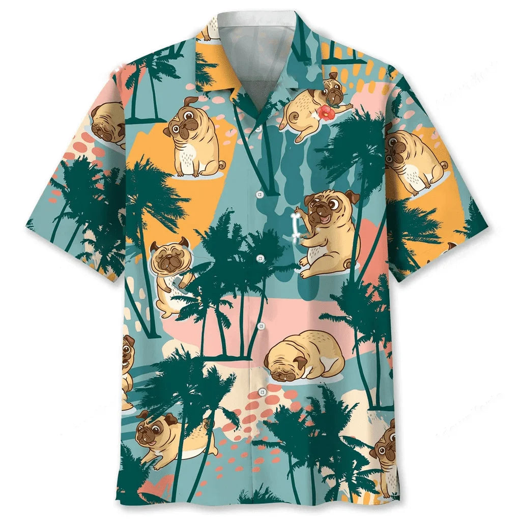 Pug Palm Tree Colorful Hawaiian Shirt, custom shirt gift for men