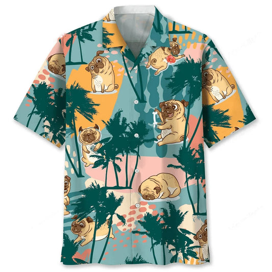 Pug Palm Tree Colorful Hawaiian Shirt, custom shirt gift for men