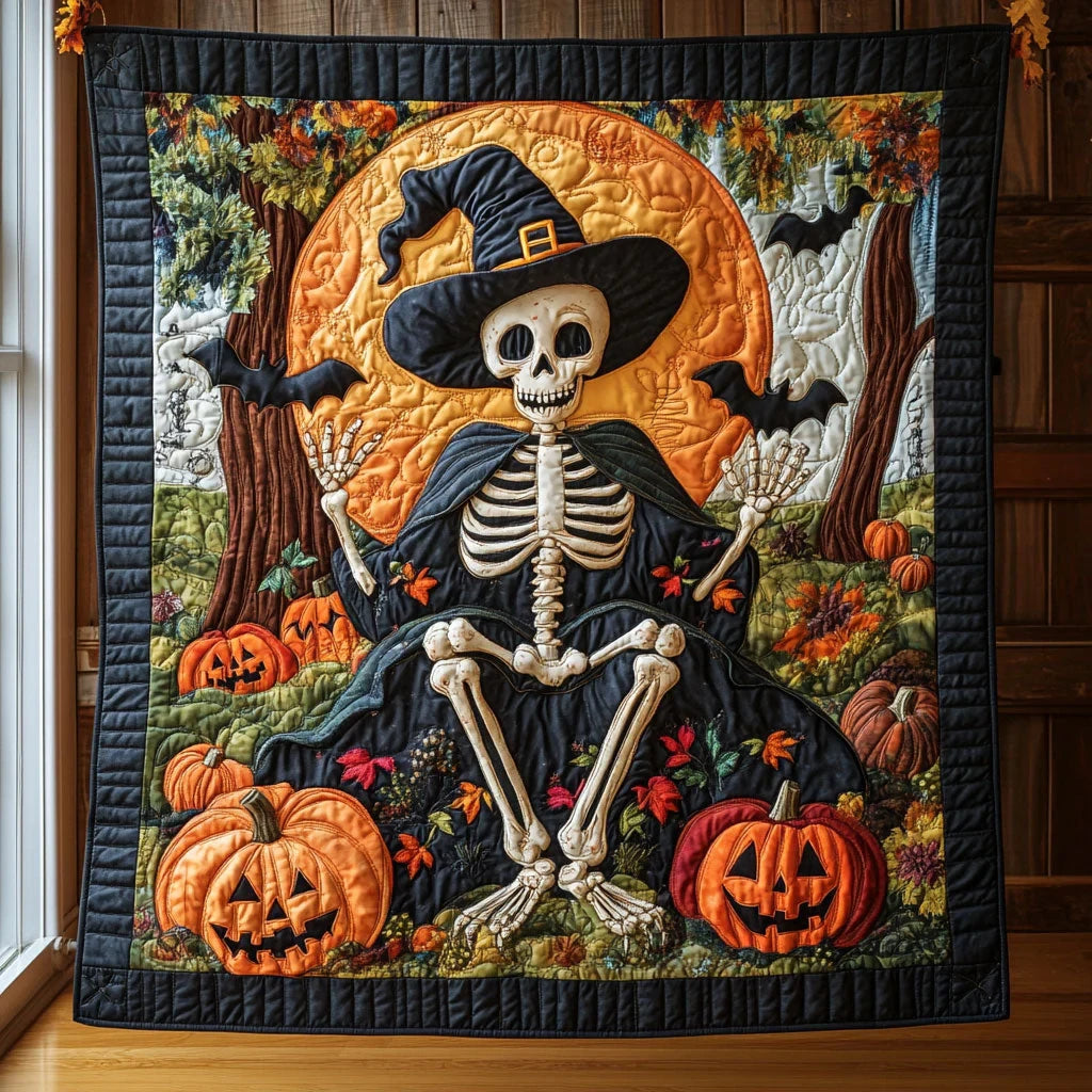 Pumpkin And Bones Quilt Blanket