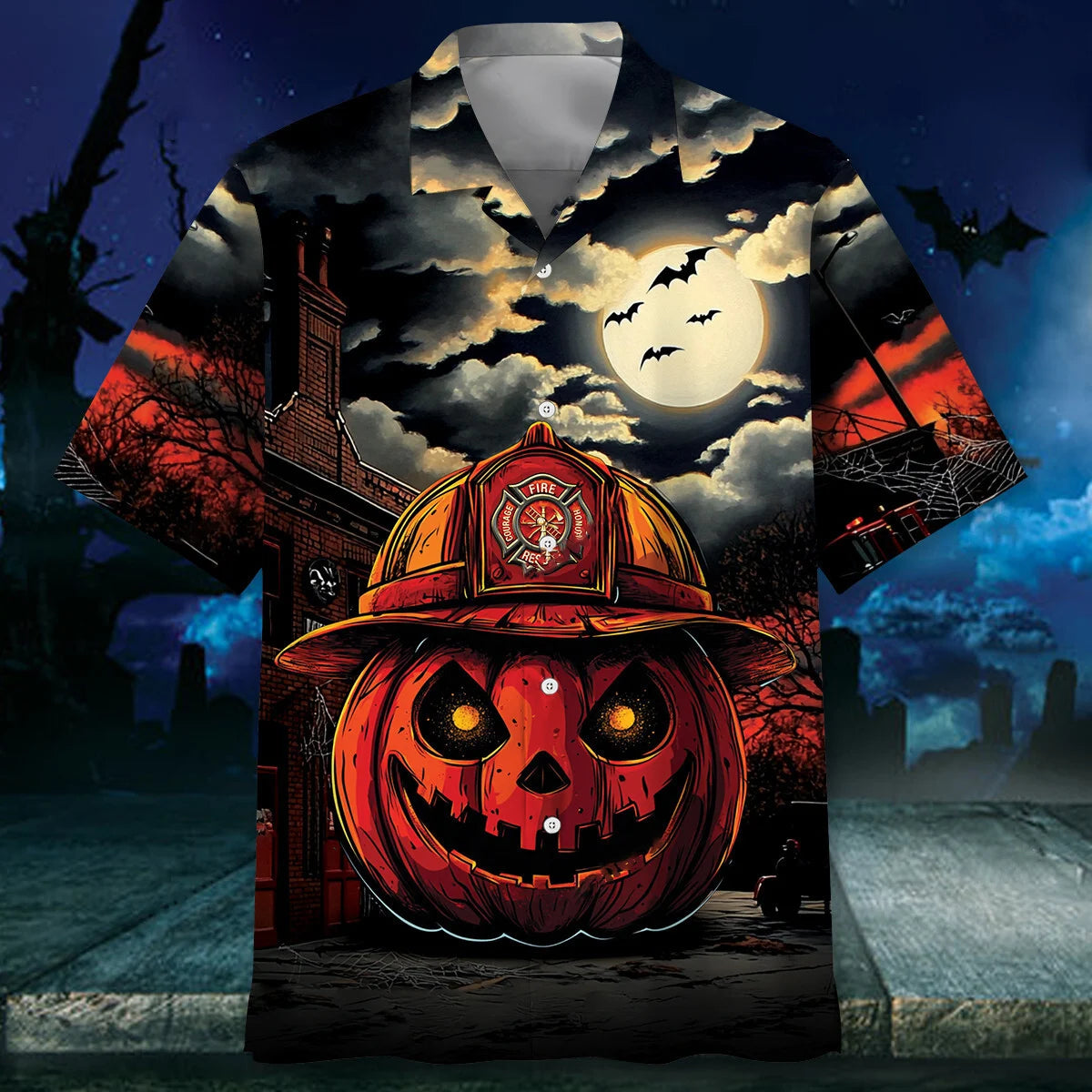Pumpkin Firefighter Hawaiian Shirt, custom shirt gift for men (view 2)