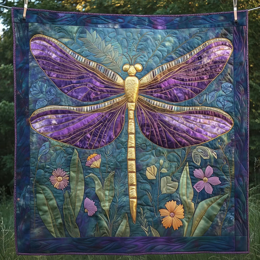 Purple And Golden Dragonfly Quilt Blanket