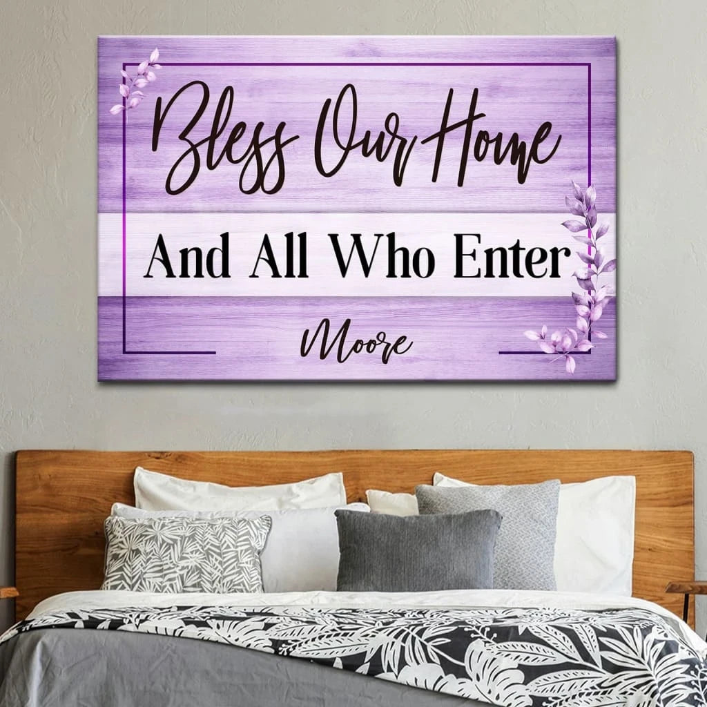 personalized bless our home christian wall art canvas with custom family name (Landscape) (view 4)