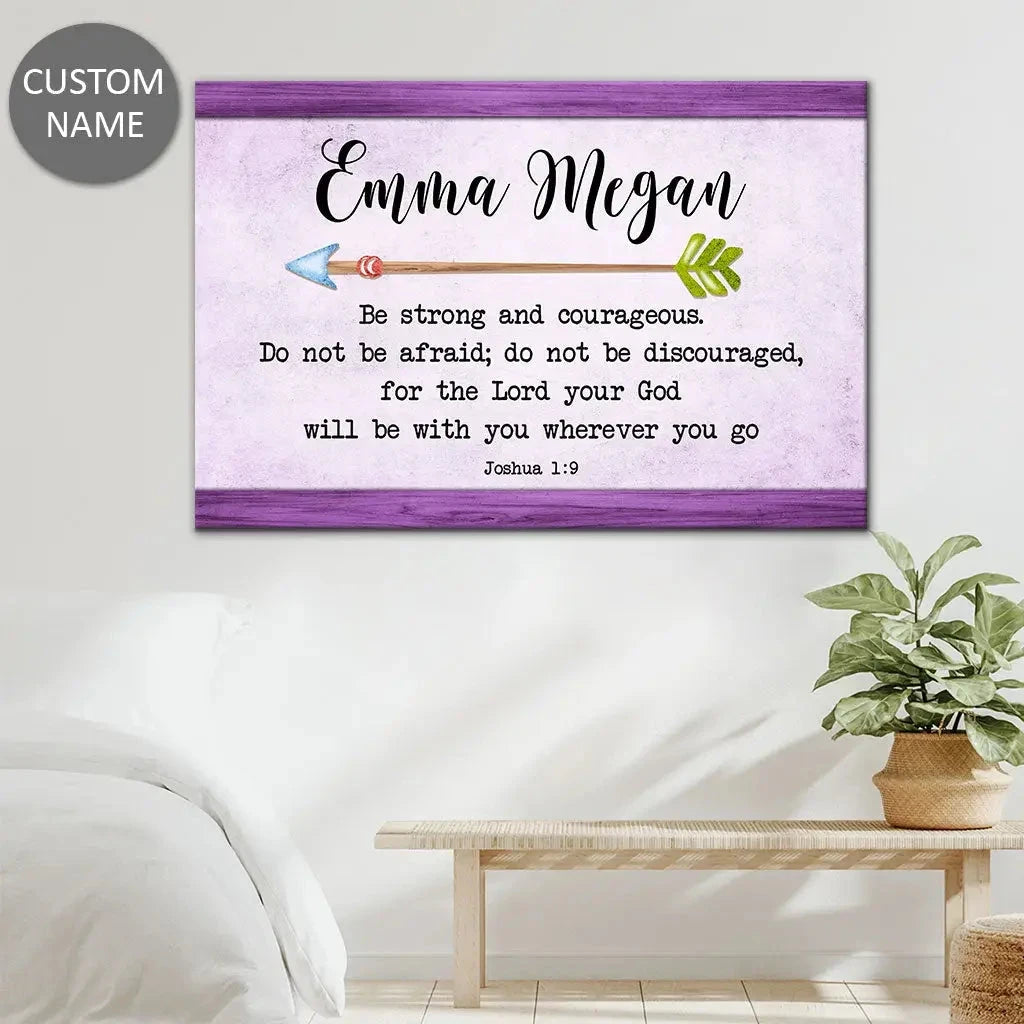 personalized be strong and courageous joshua 1 9 wall art canvas with custom name (Landscape) (view 6)