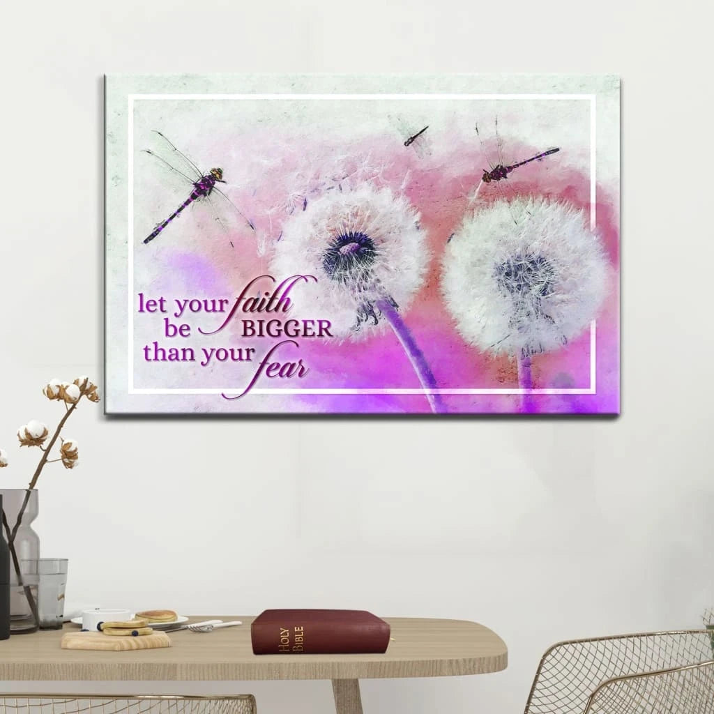 let your faith be bigger than your fear dragonfly dandelion wall art canvas (Landscape) (view 4)