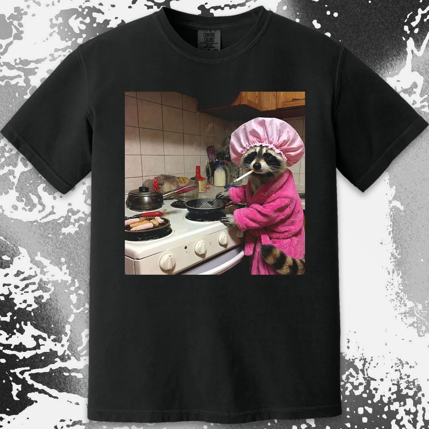 Tired Raccoon T-Shirt – Cooking While Completely Done, funny meme tee gift (view 13)