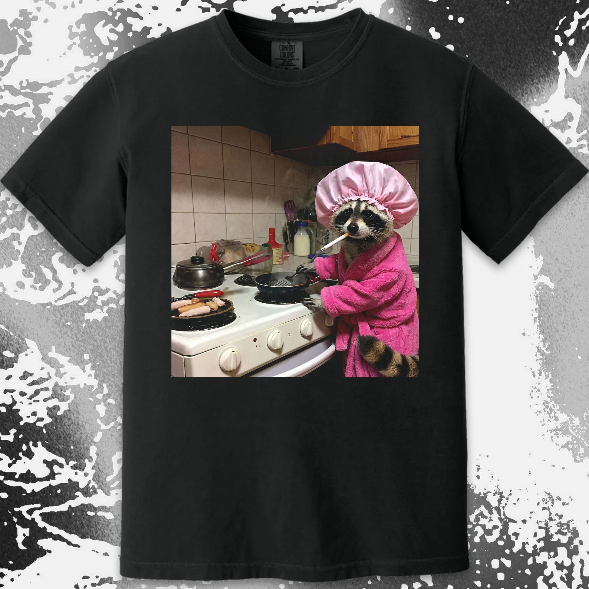 Tired Raccoon T-Shirt – Cooking While Completely Done, funny meme tee gift (view 13)