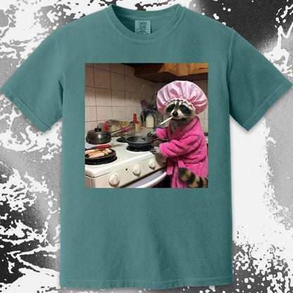 Tired Raccoon T-Shirt – Cooking While Completely Done, funny meme tee gift (view 14)