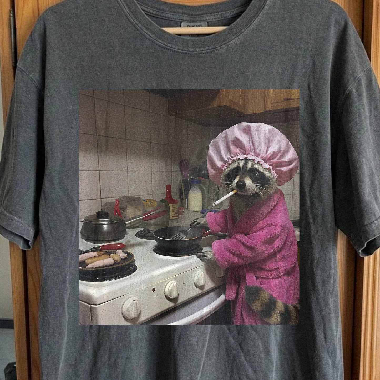 Tired Raccoon T-Shirt – Cooking While Completely Done, funny meme tee gift