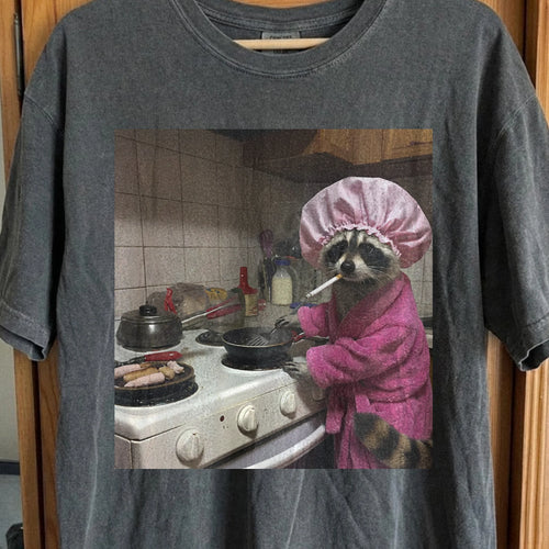 Tired Raccoon T-Shirt – Cooking While Completely Done, funny meme tee gift