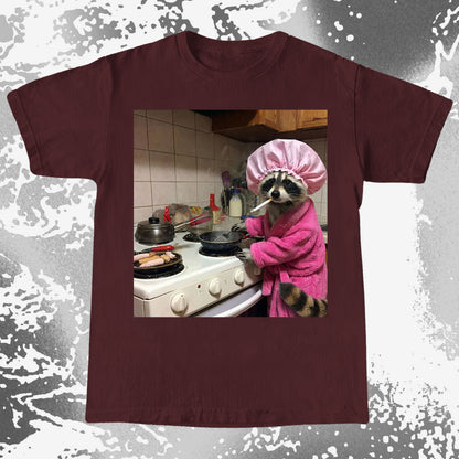 Tired Raccoon T-Shirt – Cooking While Completely Done, funny meme tee gift (view 5)