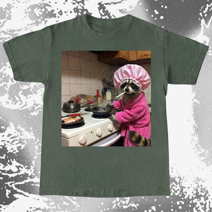 Tired Raccoon T-Shirt – Cooking While Completely Done, funny meme tee gift (view 6)