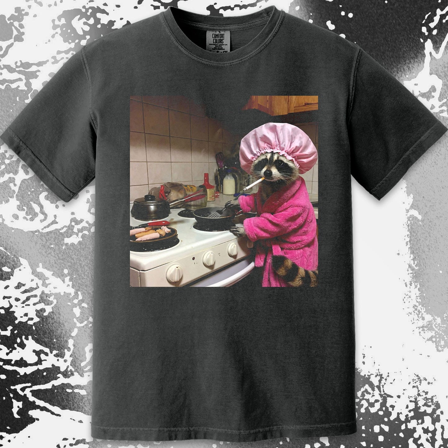 Tired Raccoon T-Shirt – Cooking While Completely Done, funny meme tee gift (view 17)