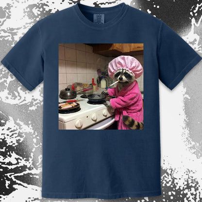 Tired Raccoon T-Shirt – Cooking While Completely Done, funny meme tee gift (view 18)